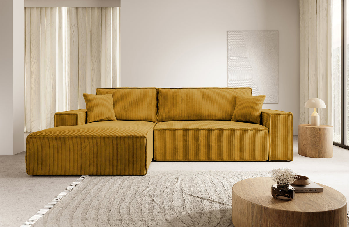 Canapé d'angle avec fonction couchage Farese New en L, avec rangement, velours côtelé moutarde, côté gauche