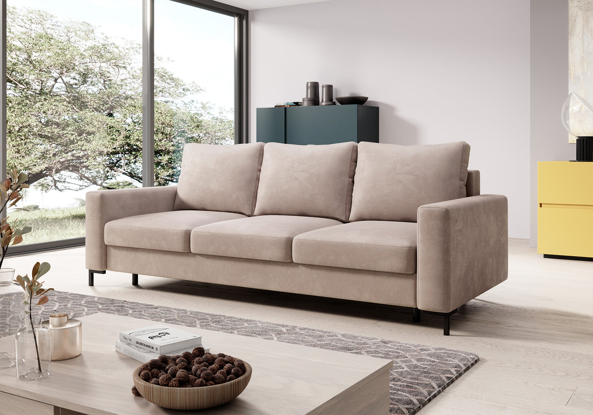 Canapé convertible 3 places Mokpeo avec coffre, velours beige