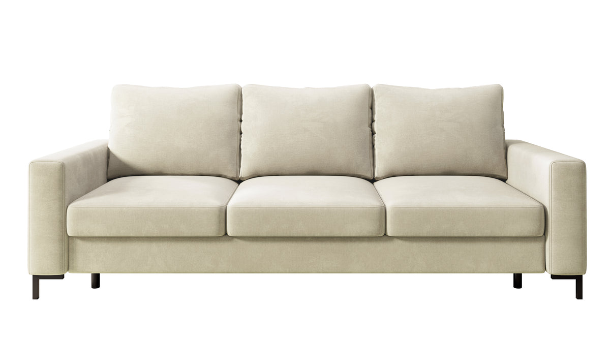 Dreisitziges ausklappbares Sofa Mokpeo mit Stauraum, beige, pflegeleichter Samtstoff