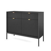 Commode 2 portes Vellore 104 cm noire avec façades rainurées et poignées dorées
