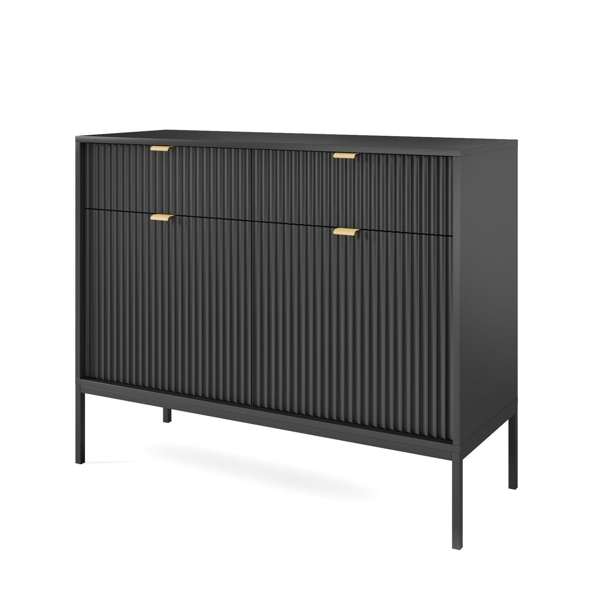 Commode 2 portes Vellore 104 cm noire avec façades rainurées et poignées dorées