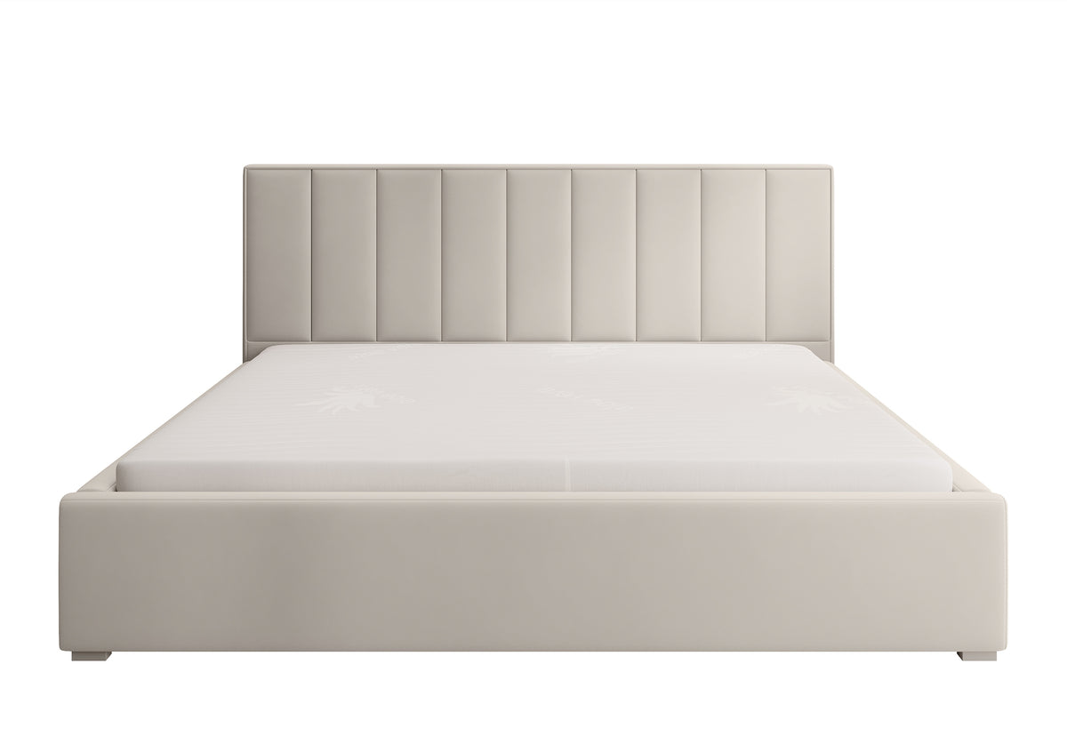 Lit tapissé 140x200 cm Rinus avec rangement, crème en tissu hydrofuge