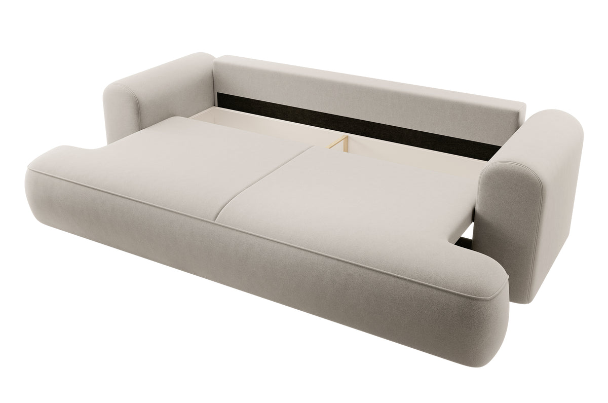 Canapé convertible 3 places Ovo avec rangement, velours crème en tissu facile à nettoyer