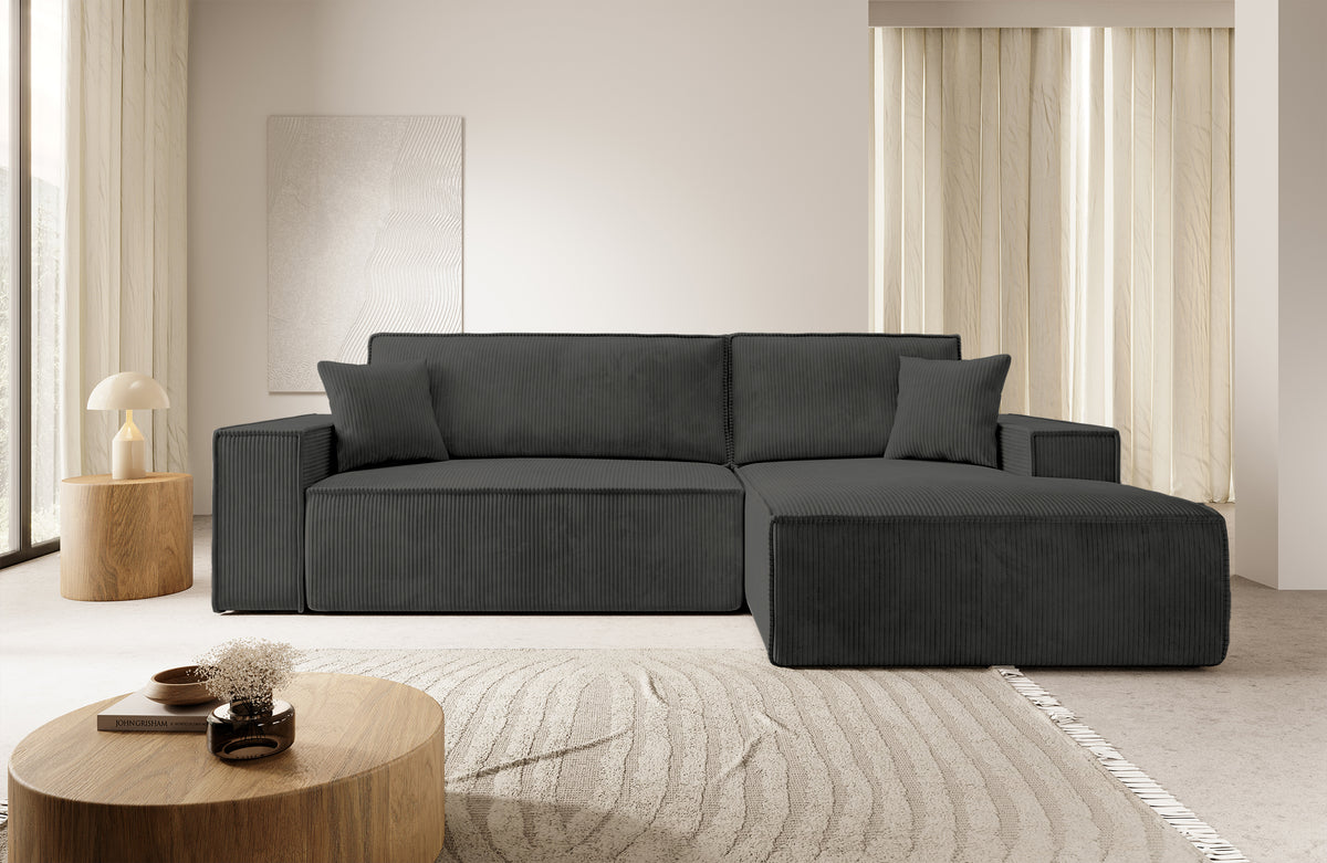 Canapé d'angle avec fonction couchage Farese New en velours côtelé gris foncé avec coffre, version droite