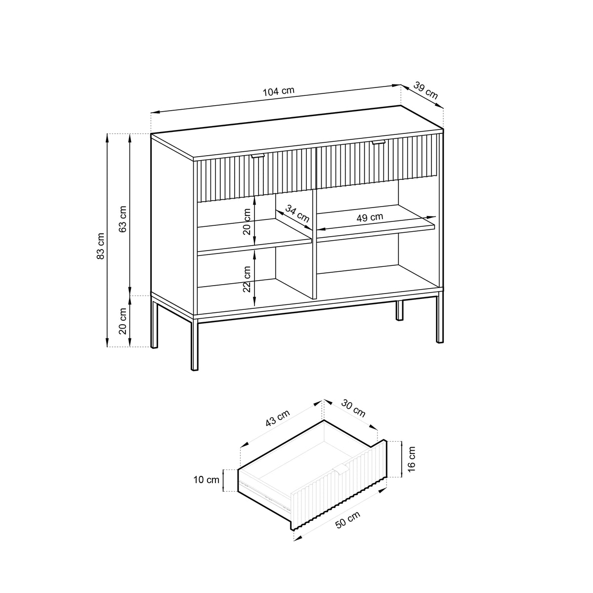 Commode 2 portes Vellore 104 cm grise avec façades rainurées et poignées dorées