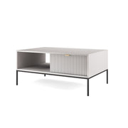 Table basse Vellore 104x68 cm grise avec façade rainurée et poignée dorée