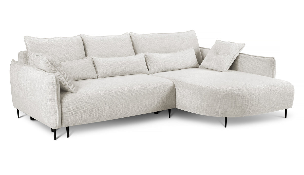 Ecksofa Oblivio mit Schlaffunktion, L-förmig, mit Stauraum, cremefarbener Chenille, rechtsseitig