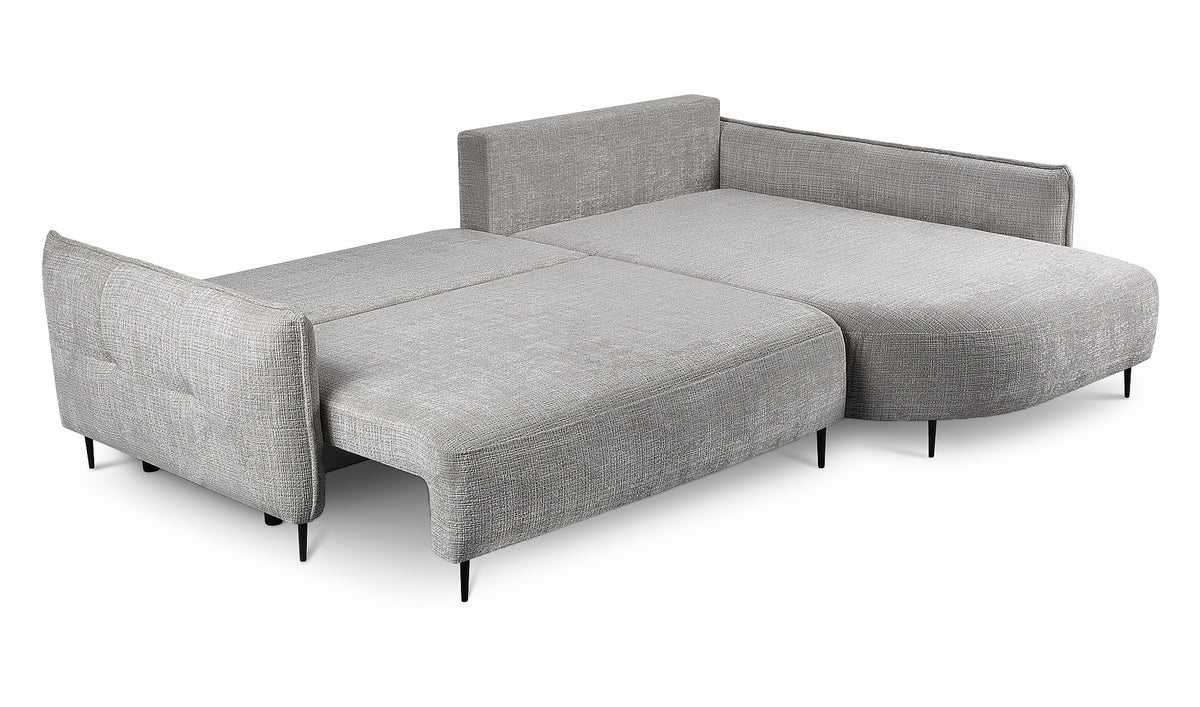 Canapé d'angle Oblivio gris en tissu chenille avec fonction couchage et coffre de rangement, version droite