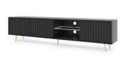 Meuble TV Bello avec façades à lamelles 175 cm noir avec LED et pieds dorés