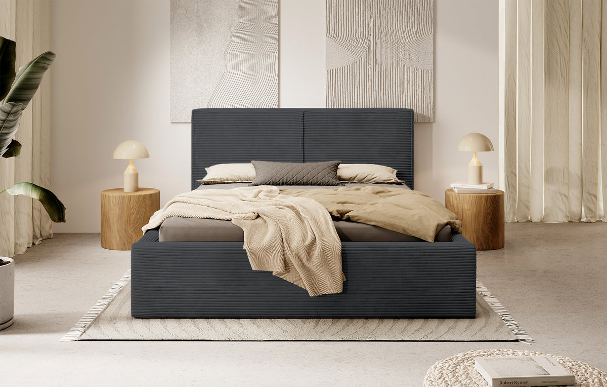 Lit tapissé 160x200 cm Farese avec rangement et vérin à gaz, velours côtelé gris foncé