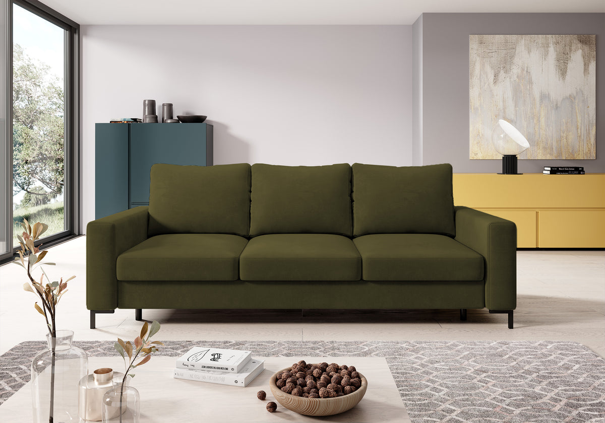 Dreisitziges ausklappbares Sofa Mokpeo mit Stauraum, olivgrüner Samtbezug