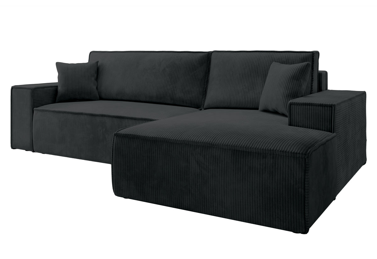 Canapé d'angle avec fonction couchage Farese New en velours côtelé noir, coffre de rangement, configuration droite