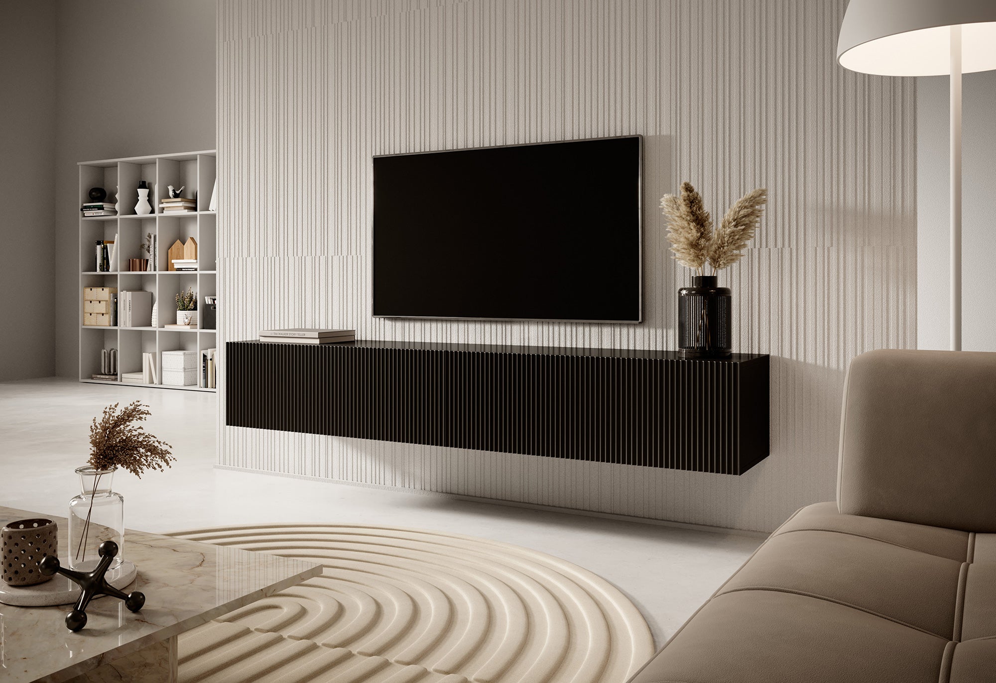 Meuble TV mural Veldio avec façade fraisée, 175 cm, noir