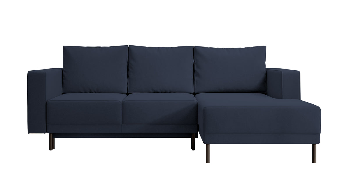 Canapé d'angle convertible Rodario mini en velours bleu marine facile à nettoyer, avec coffre de rangement, configuration en L, côté droit