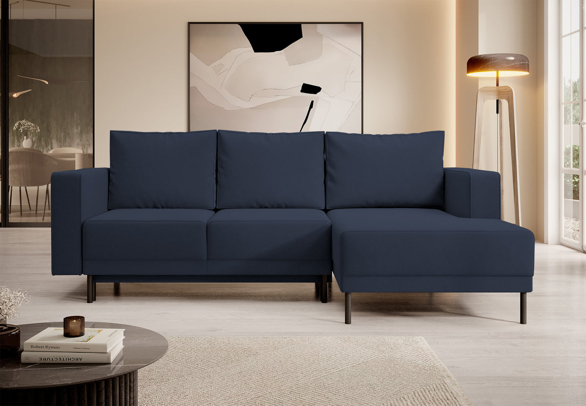 Canapé d'angle convertible Rodario mini en velours bleu marine facile à nettoyer, avec coffre de rangement, configuration en L, côté droit