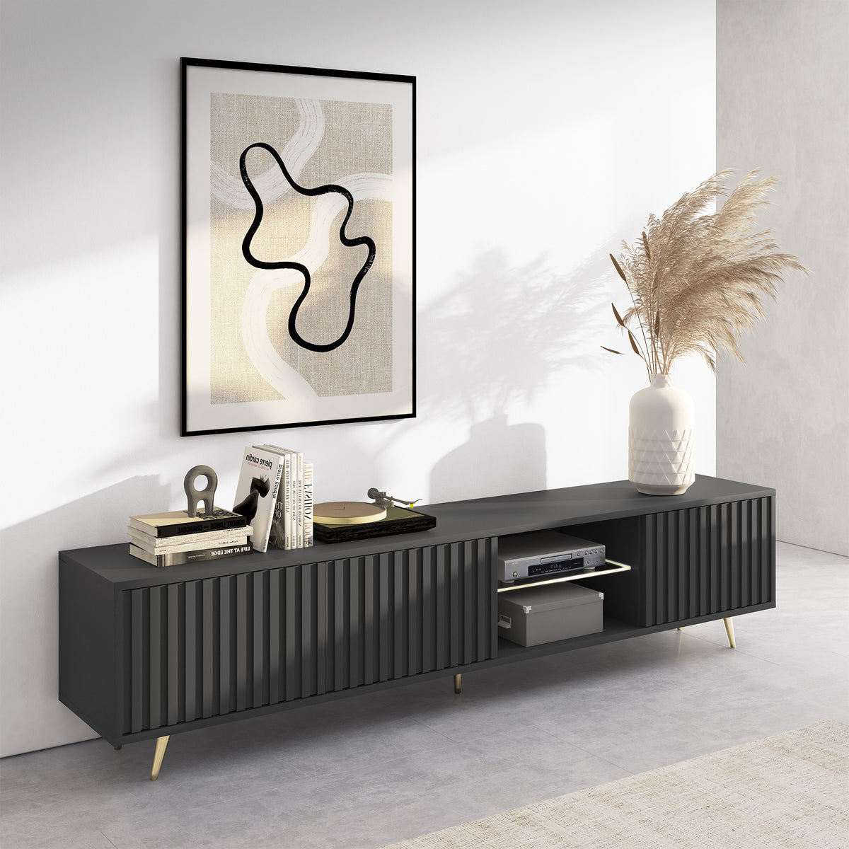 Meuble TV Bello avec façades à lamelles 175 cm noir avec LED et pieds dorés