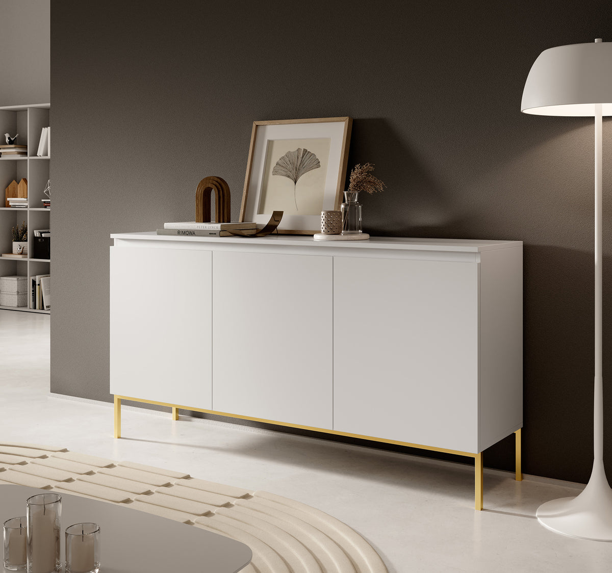 Commode trois portes Bemmi 150 cm blanche avec pieds dorés