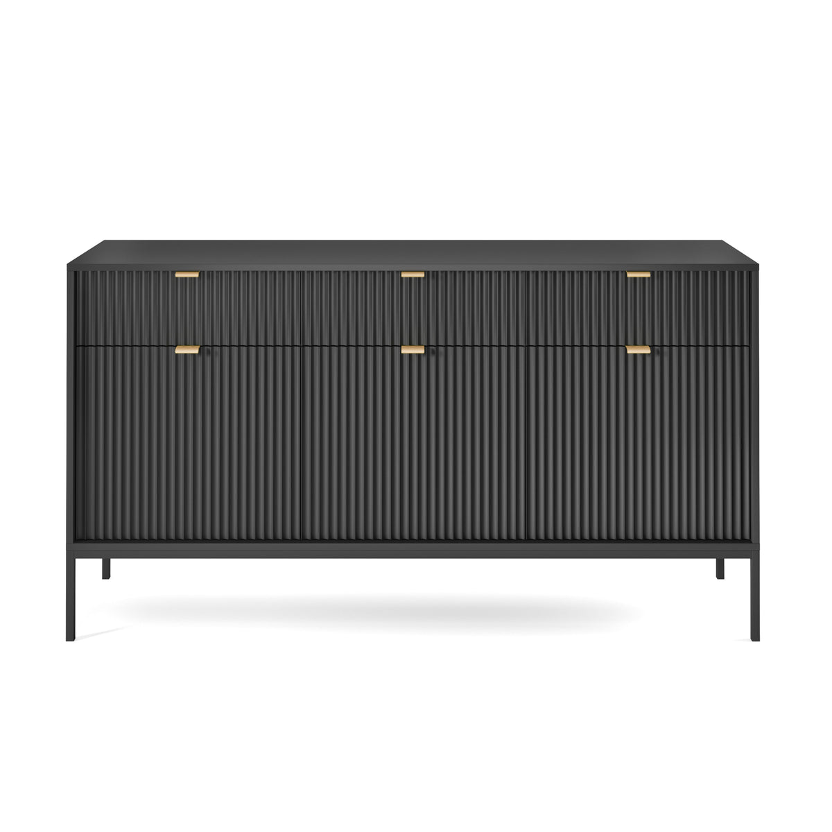 Commode 3 portes Vellore 154 cm noire avec façades rainurées et poignées dorées