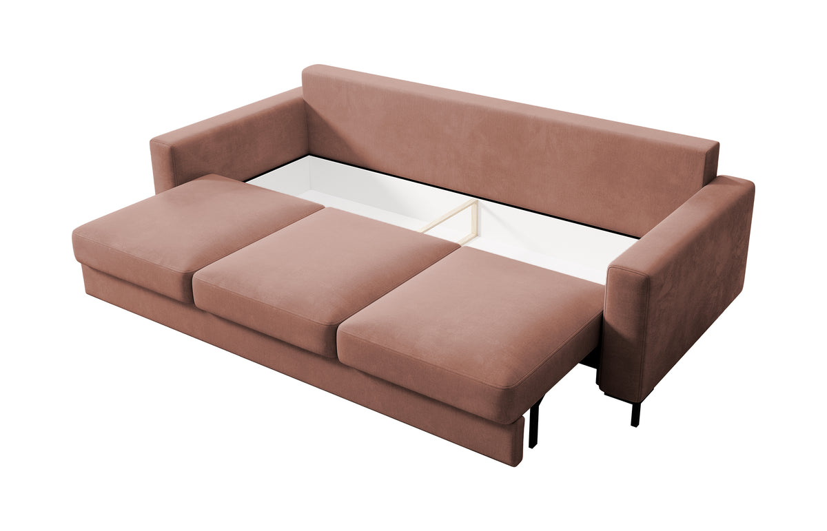 Canapé convertible 3 places Mokpeo avec rangement, velours rose facile à nettoyer