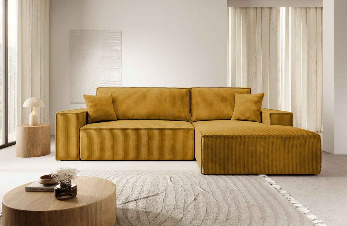 Canapé d'angle avec fonction couchage Farese New en velours côtelé moutarde, coffre de rangement, version droite