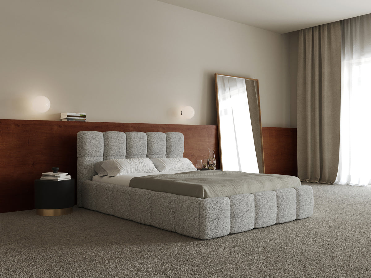Lit tapissé 160x200 cm Cloudy avec rangement, tissage gris clair, cadre métallique