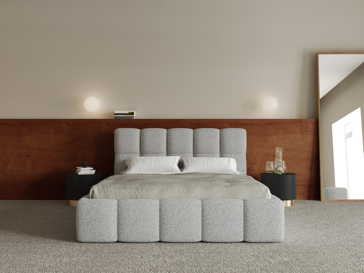 Lit tapissé 160x200 cm Cloudy avec rangement, tissage gris clair, cadre métallique