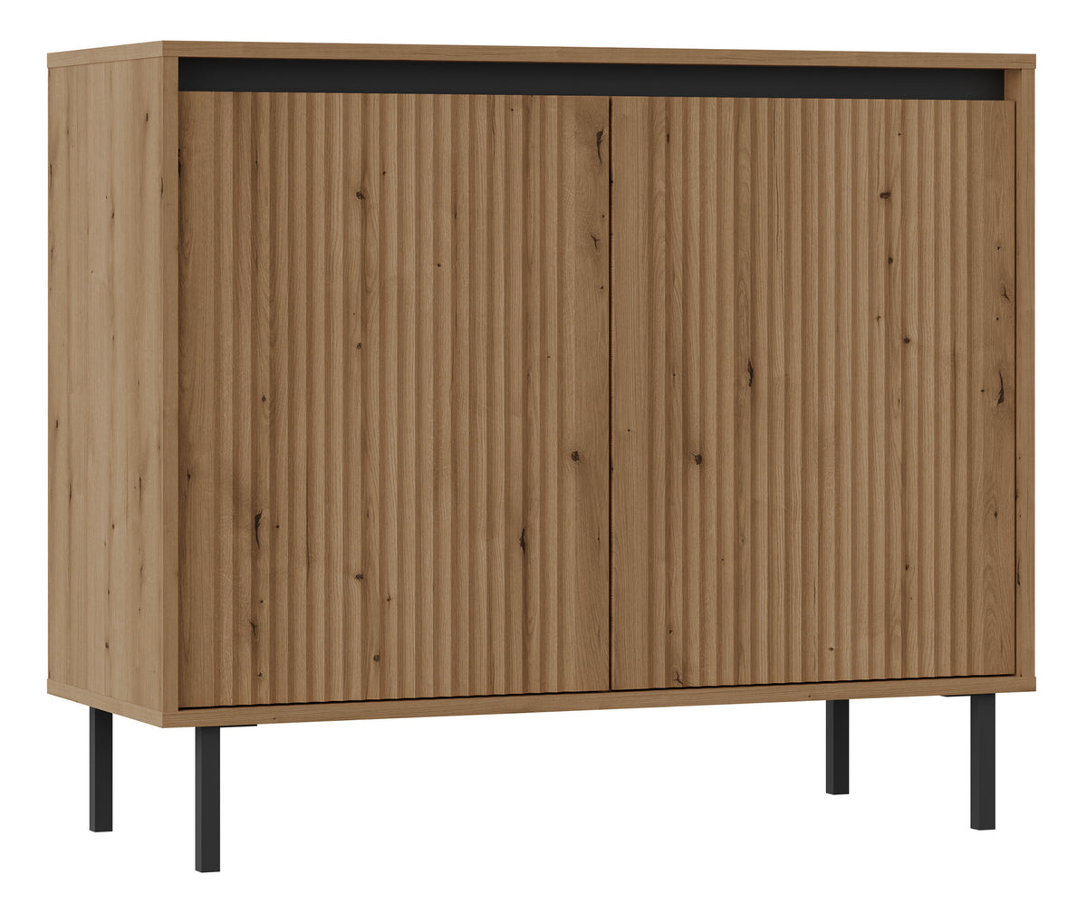 Commode deux portes Osaka avec façades rainurées 100 cm chêne evoke sur pieds noirs