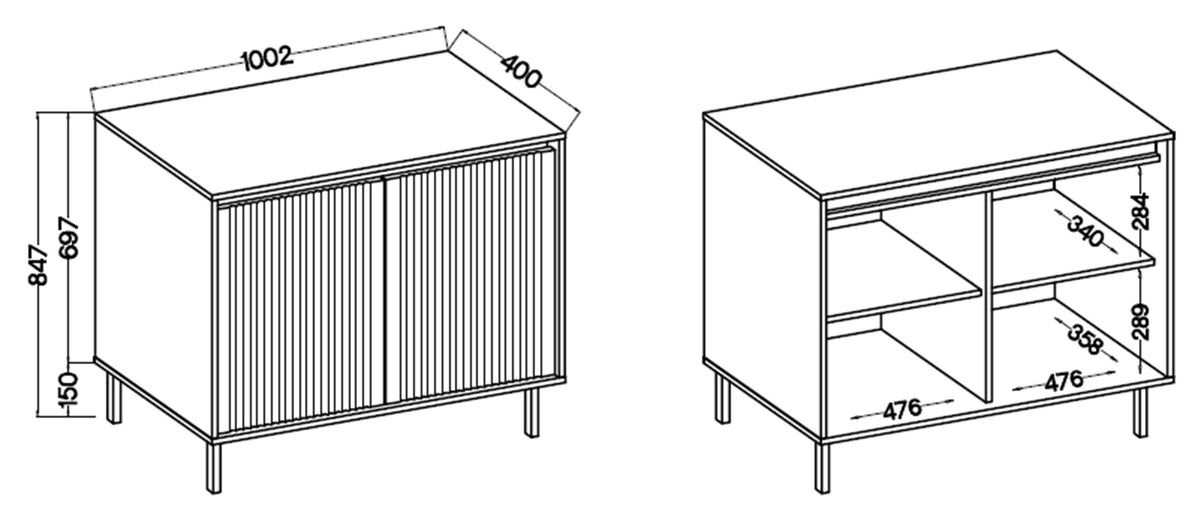 Commode deux portes Osaka avec façades rainurées 100 cm chêne evoke sur pieds noirs