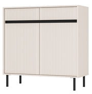 Commode deux portes Osaka avec deux tiroirs et façades rainurées 100 cm beige sable sur pieds noirs