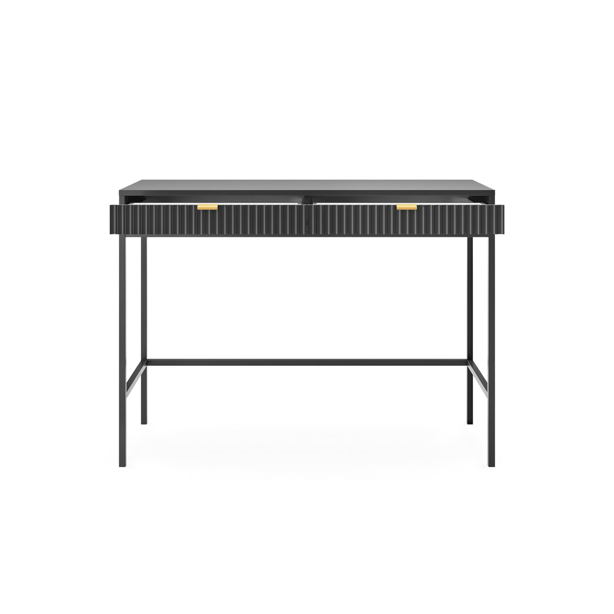 Schminktisch-Schreibtisch Vellore 104 cm schwarz mit geriffelten Fronten und goldenen Griffen
