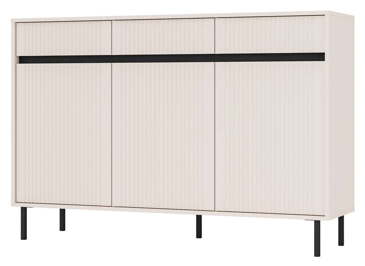 Drehtür-Kommode Osaka mit drei Schubladen und geriffelten Fronten, 149 cm, sandbeige auf schwarzen Beinen
