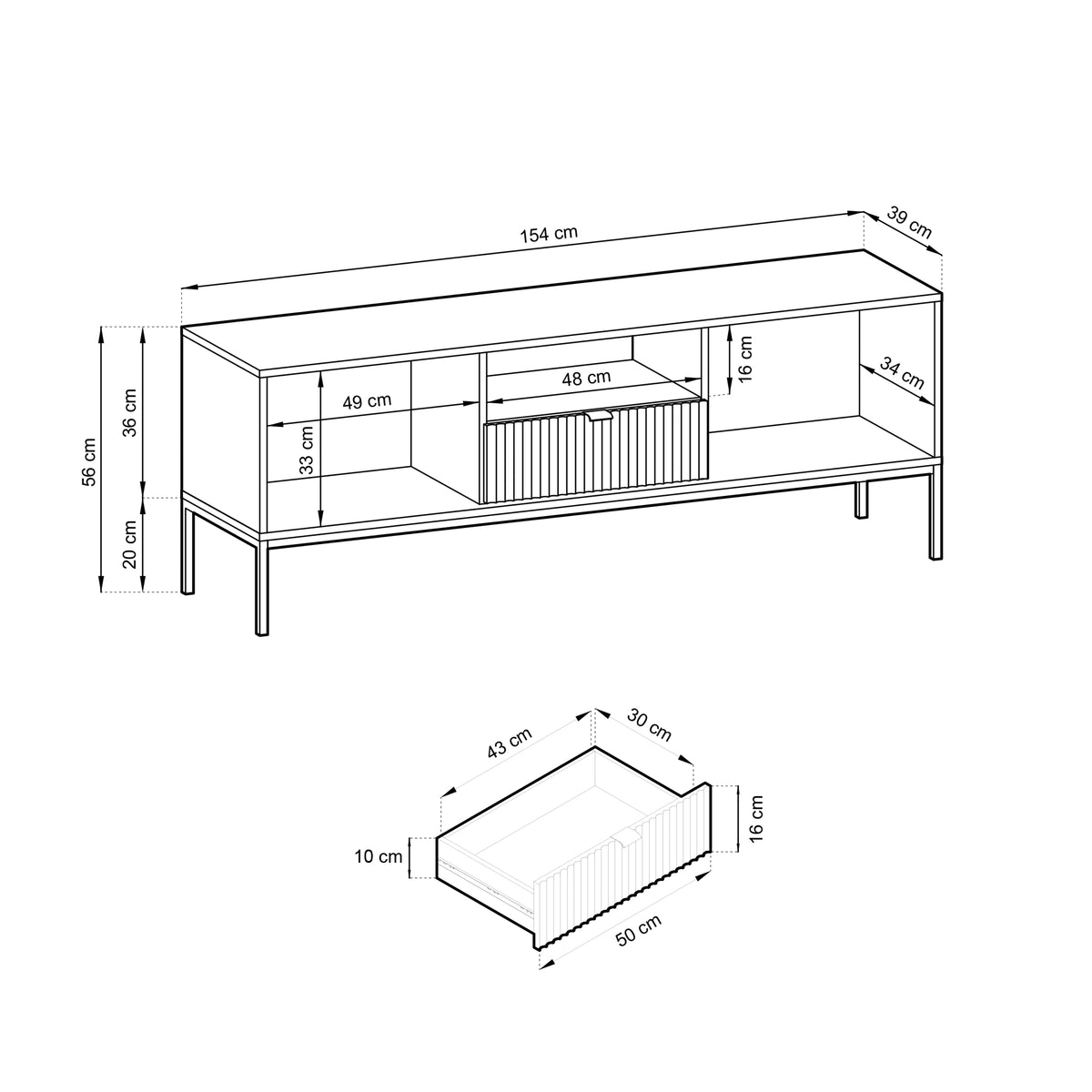 TV-Schrank Vellore 154 cm grau mit geriffelten Fronten und goldenen Griffen