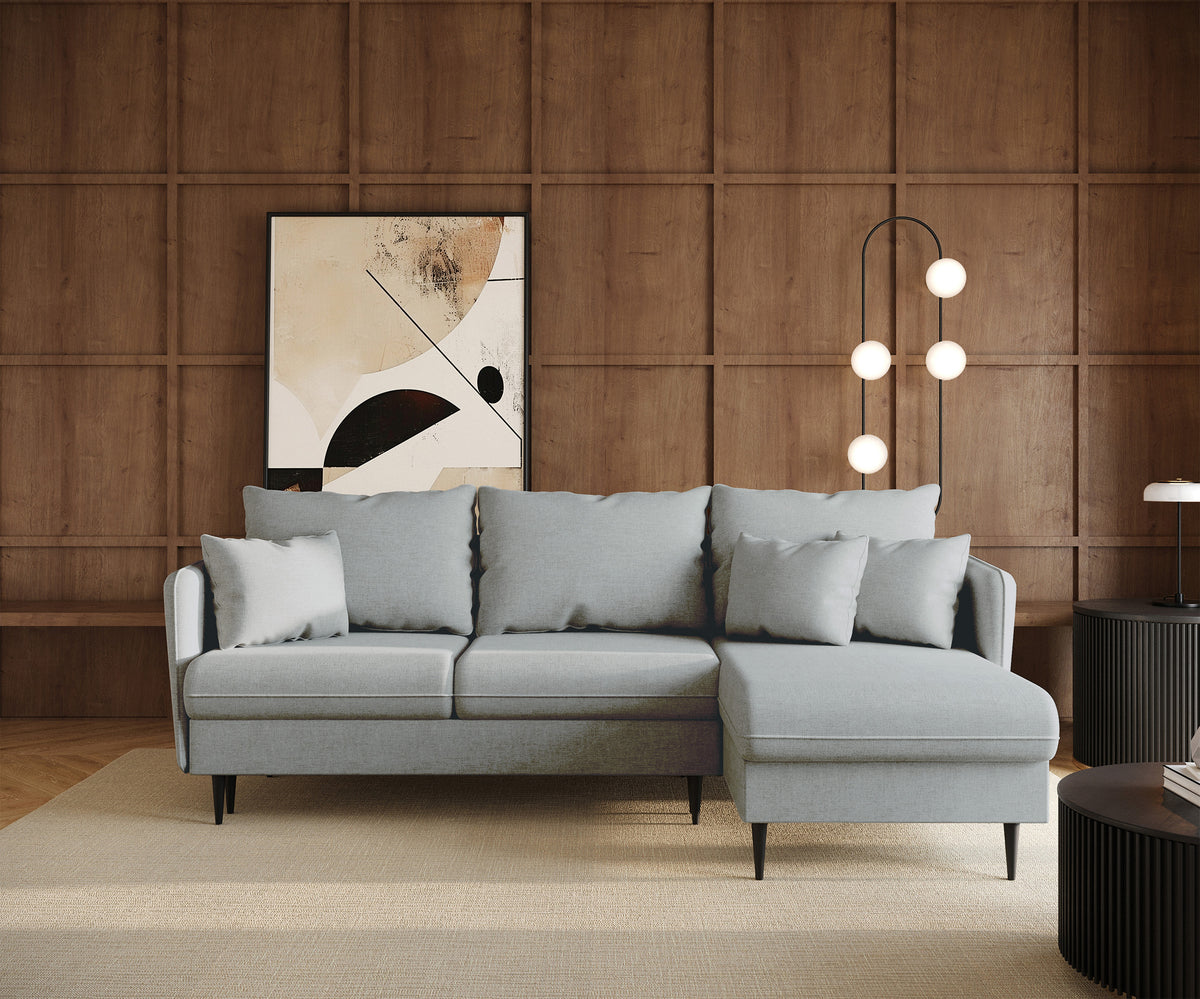 Canapé d’angle Volio L avec fonction couchage, tissu chenille gris, pieds noirs