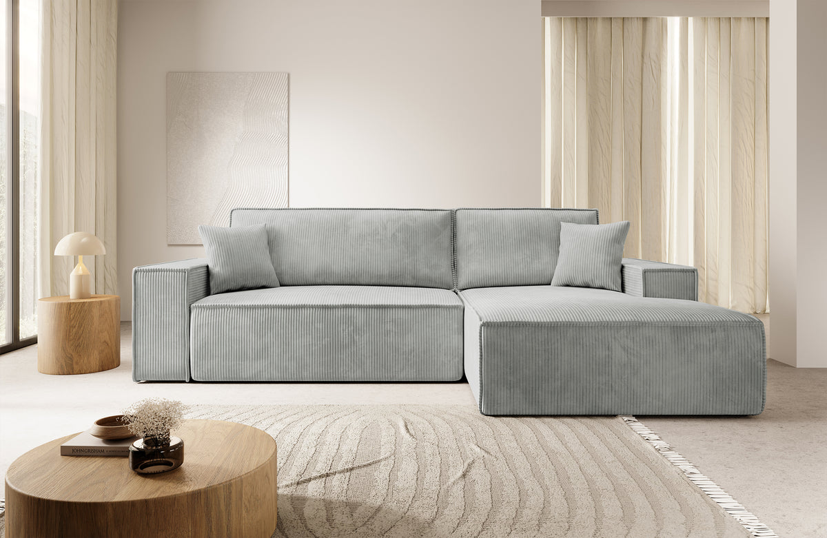 Canapé d'angle avec fonction couchage Farese New en forme de L, avec rangement, velours côtelé gris clair, version droite