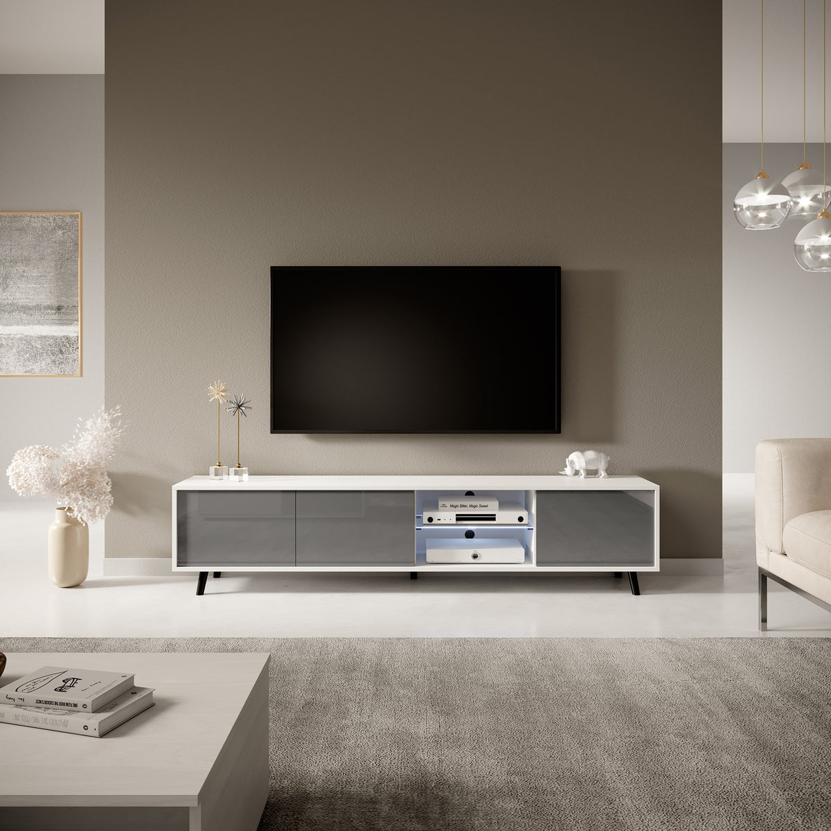 Meuble TV Galhad Blanc mat / Gris brillant
