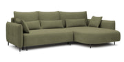 Canapé d'angle Oblivio avec fonction couchage, en L, avec coffre de rangement, velours olive hydrofuge, côté droit
