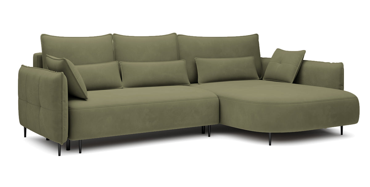 Canapé d'angle Oblivio avec fonction couchage, en L, avec coffre de rangement, velours olive hydrofuge, côté droit