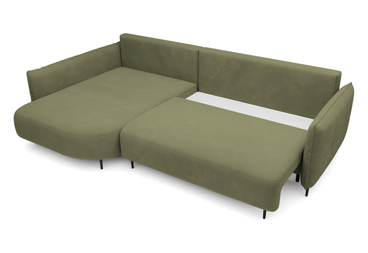 Canapé d'angle Oblivio avec fonction couchage, forme en L, coffre de rangement, velours olive, côté gauche, hydrofuge