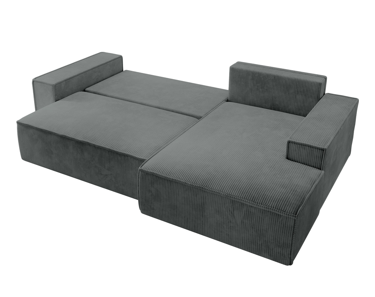 Canapé d'angle avec fonction couchage Farese New en velours côtelé gris, côté droit, avec coffre de rangement