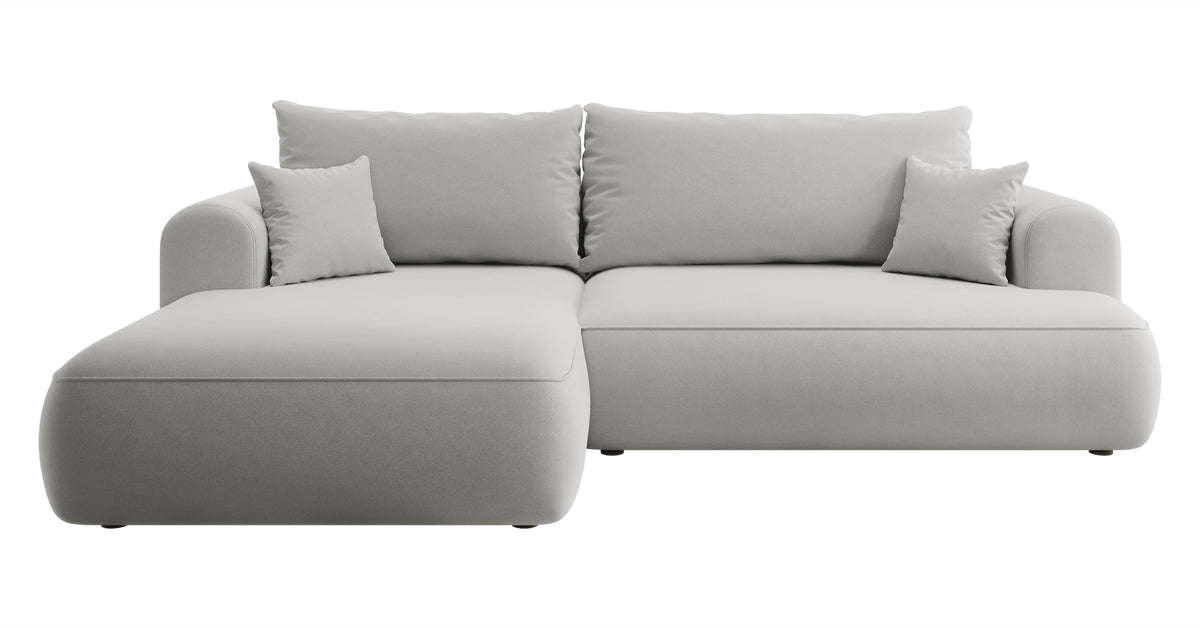 Canapé d'angle convertible Ovo en velours gris, forme en L, avec coffre de rangement et tissu facile à nettoyer, version gauche
