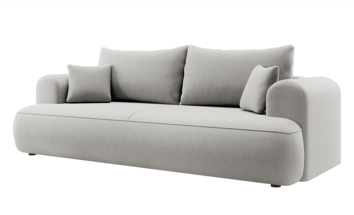 Canapé convertible 3 places Ovo avec rangement, velours gris en tissu facile à nettoyer