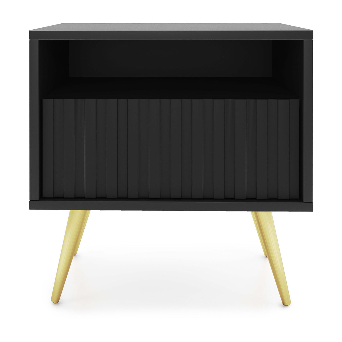 Table de chevet Bello avec tiroir à façade lamellée noire avec pieds dorés