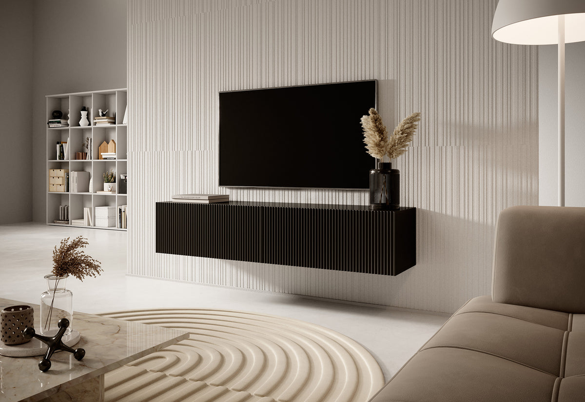 Schwarzer, hängender Veldio TV-Schrank mit gefräster Front, 140 cm