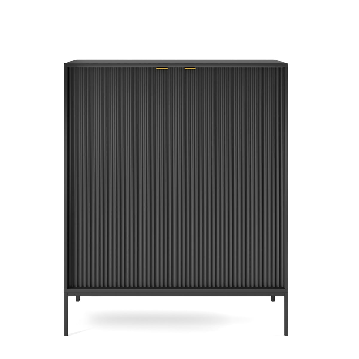 Commode haute Vellore noire avec façades rainurées et poignées dorées