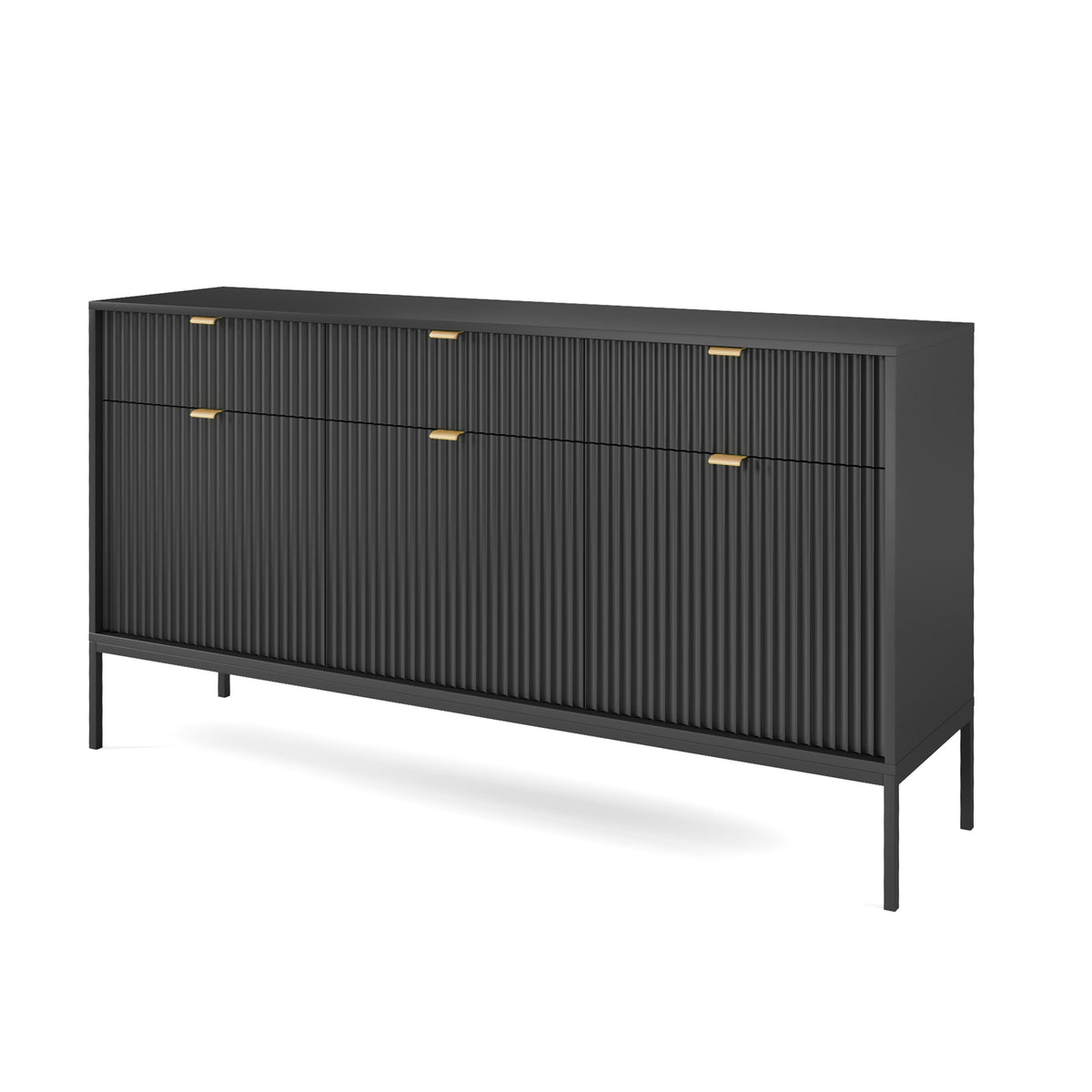 Commode 3 portes Vellore 154 cm noire avec façades rainurées et poignées dorées