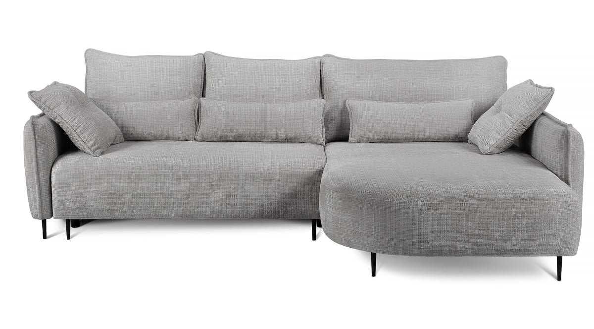 Canapé d'angle Oblivio gris en tissu chenille avec fonction couchage et coffre de rangement, version droite