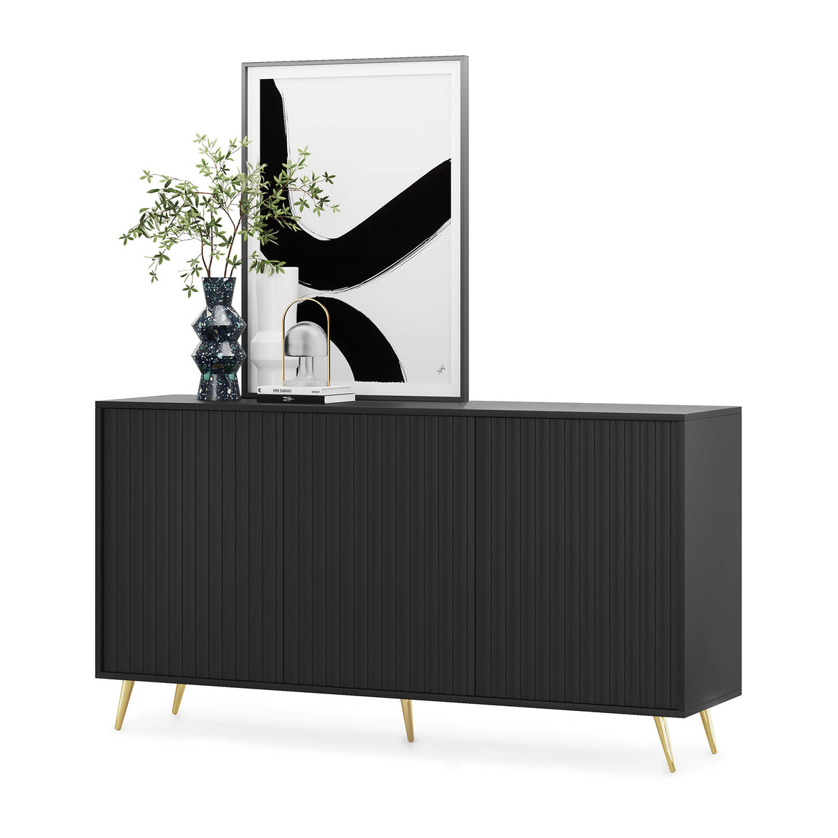 Kommode Bello mit Lamellenfronten, 154 cm, schwarz mit goldenen Beinen