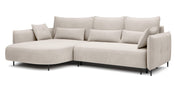 Canapé d'angle Oblivio avec fonction couchage en L, coffre de rangement, velours crème hydrofuge, version gauche