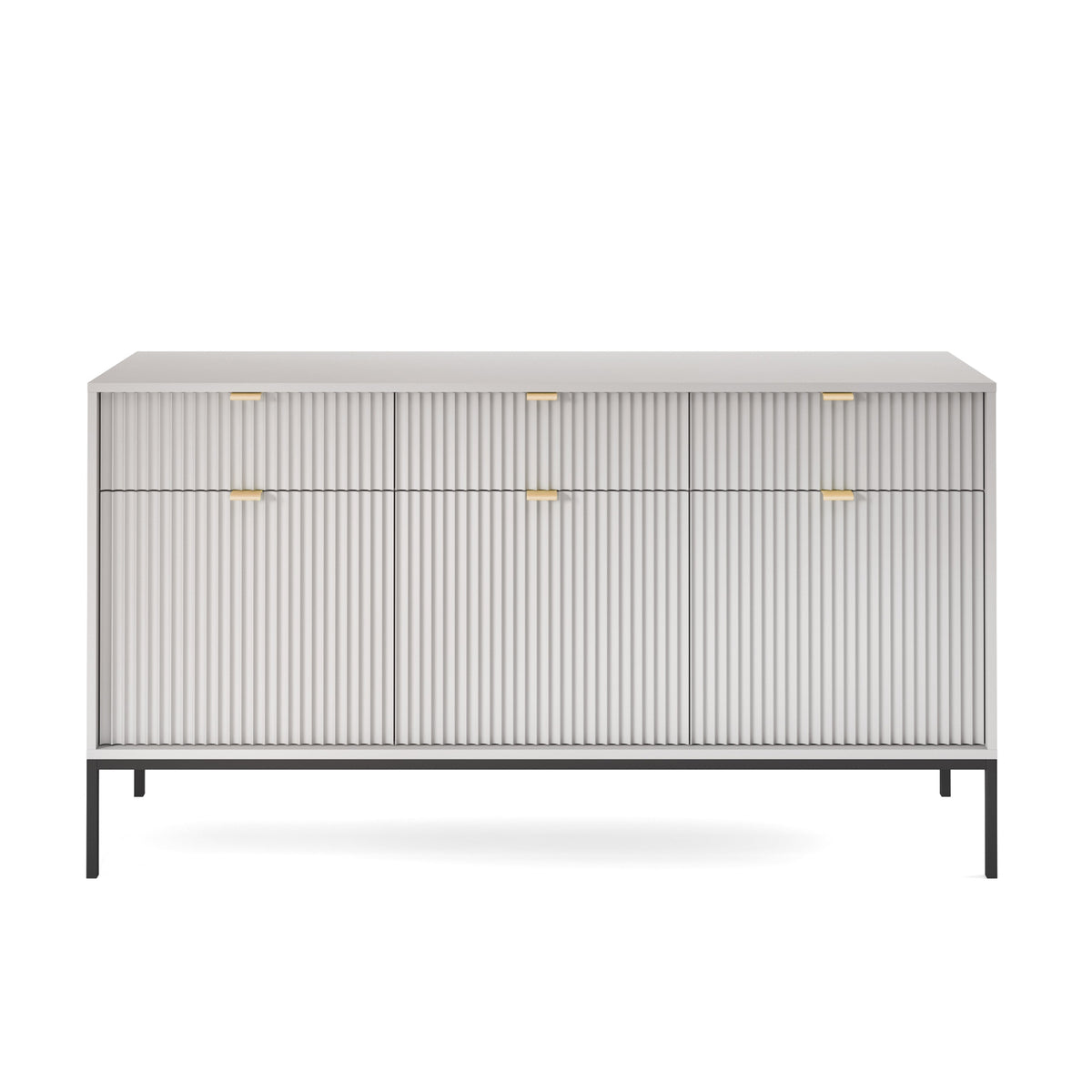 Drehtür-Kommode Vellore 154 cm grau mit gerillten Fronten und goldenen Griffen