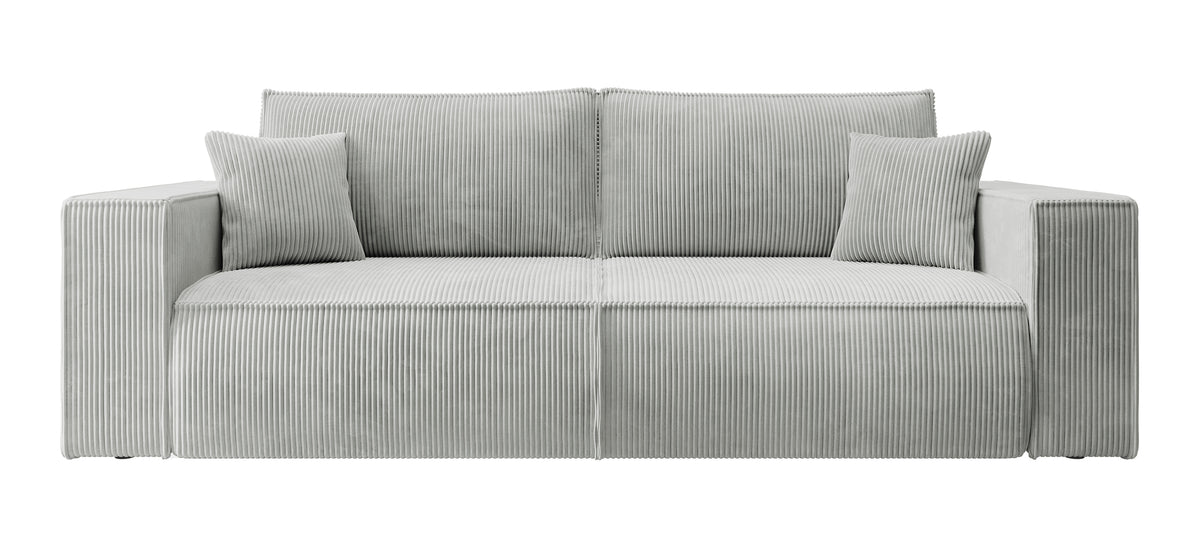 Dreisitziges ausklappbares Sofa Farese mit Stauraum, hellgrauer Cordstoff